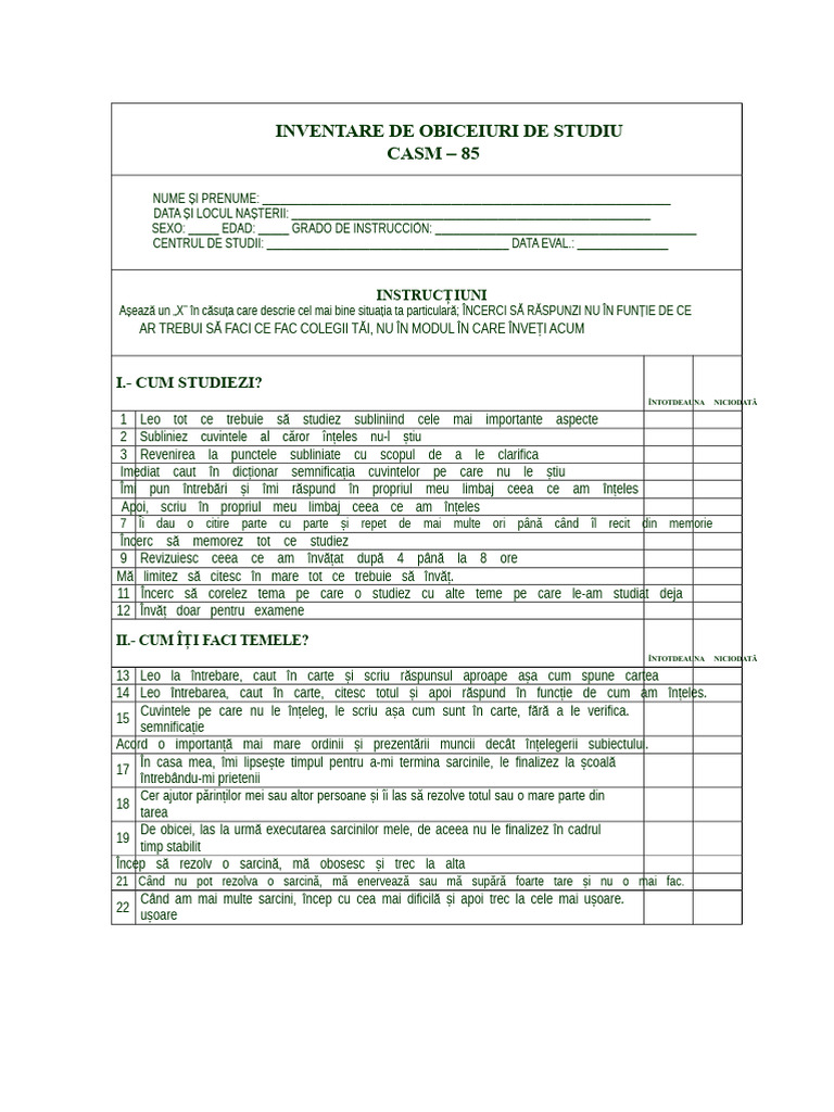 Inventar de Obiceiuri de Studiu Casm 85 | PDF