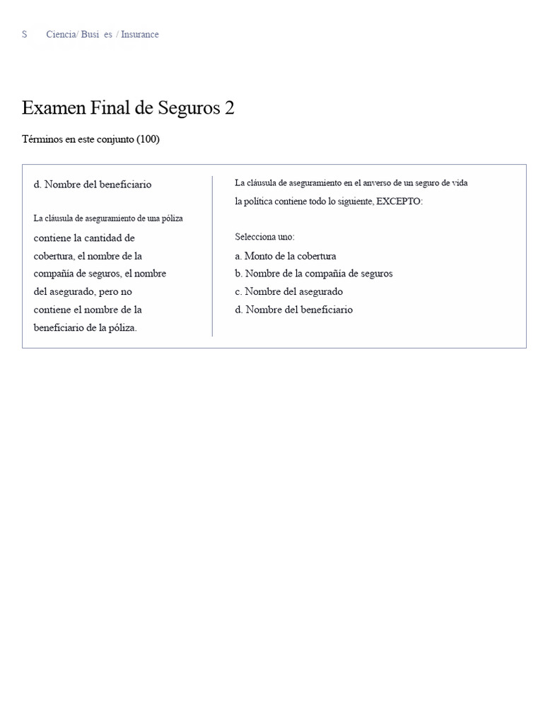 Tarjetas de Estudio Del Examen Final de Seguros 2 | PDF | Seguro ...