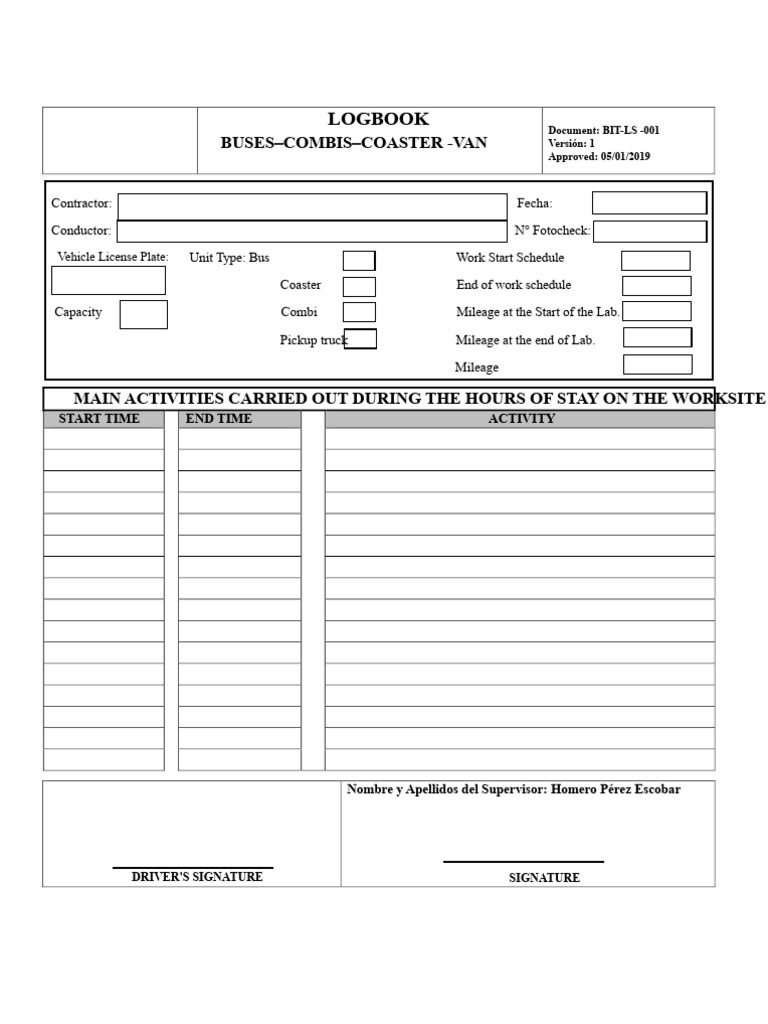Worksite Logbook for Buses and Vans | PDF