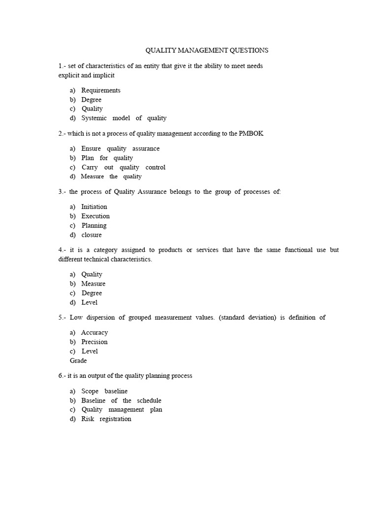 Quality Management Questions | PDF | Audit | Cost–Benefit Analysis