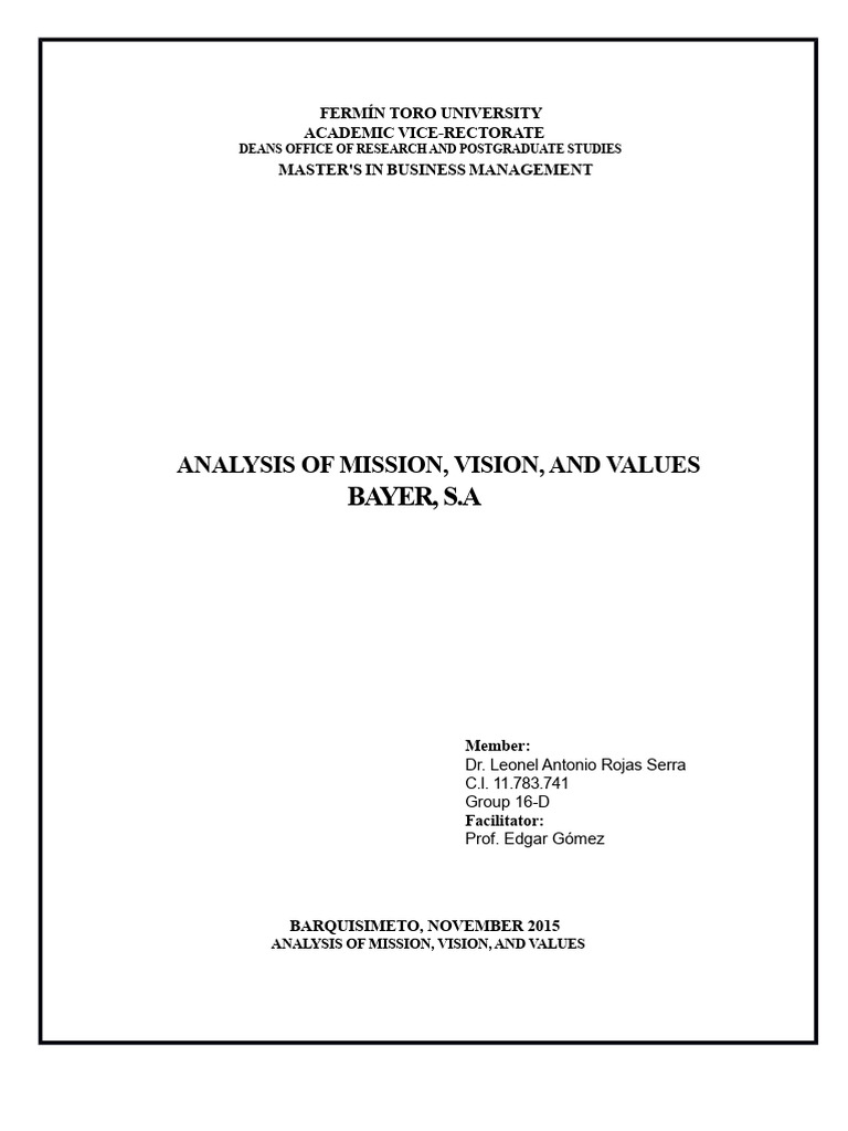 Bayer S.A.: Mission, Vision, and Values Analysis | PDF | Bayer