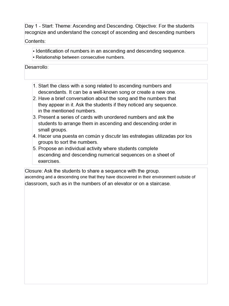 Lesson Plan For Ascending and Descending | PDF | Cognitive Psychology ...