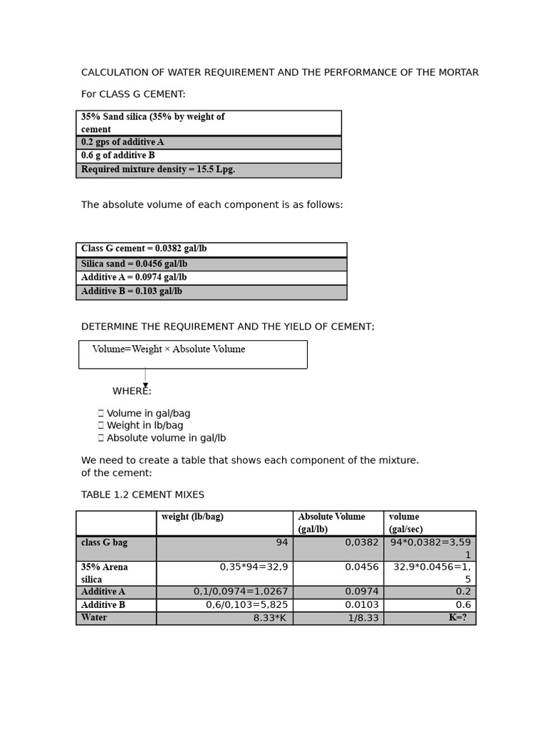 Water and Cement Requirements Calculation | PDF | Barrel (Unit) | Volume