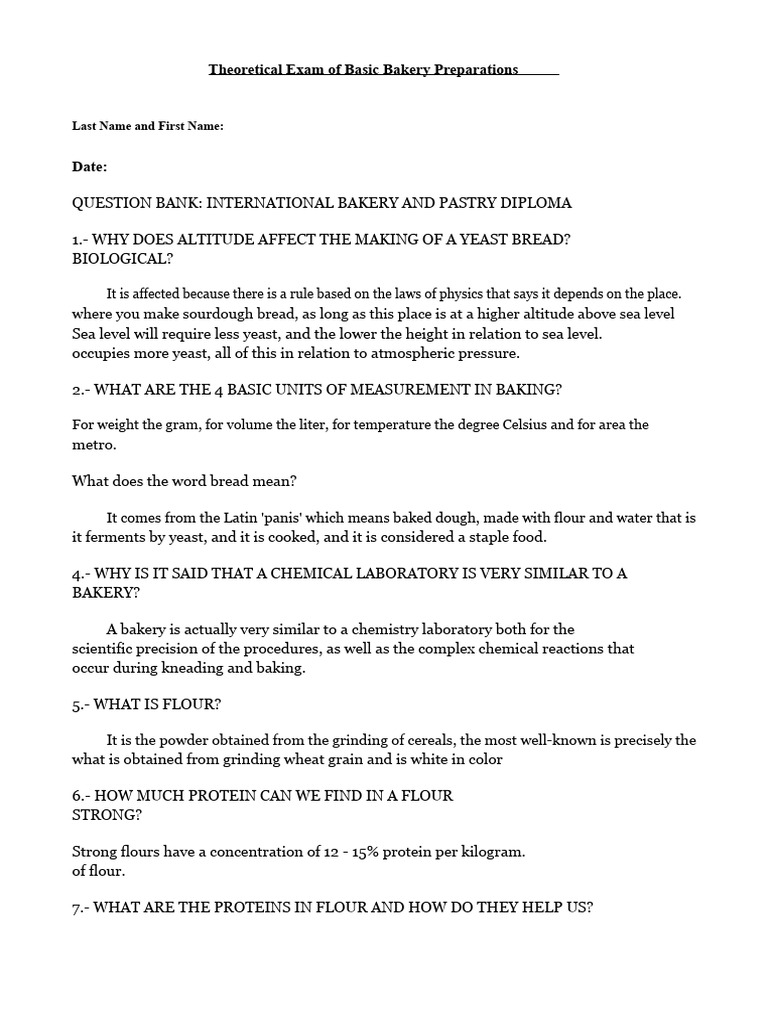 Bakery Exam: Key Concepts & Questions | PDF | Breads | Flour