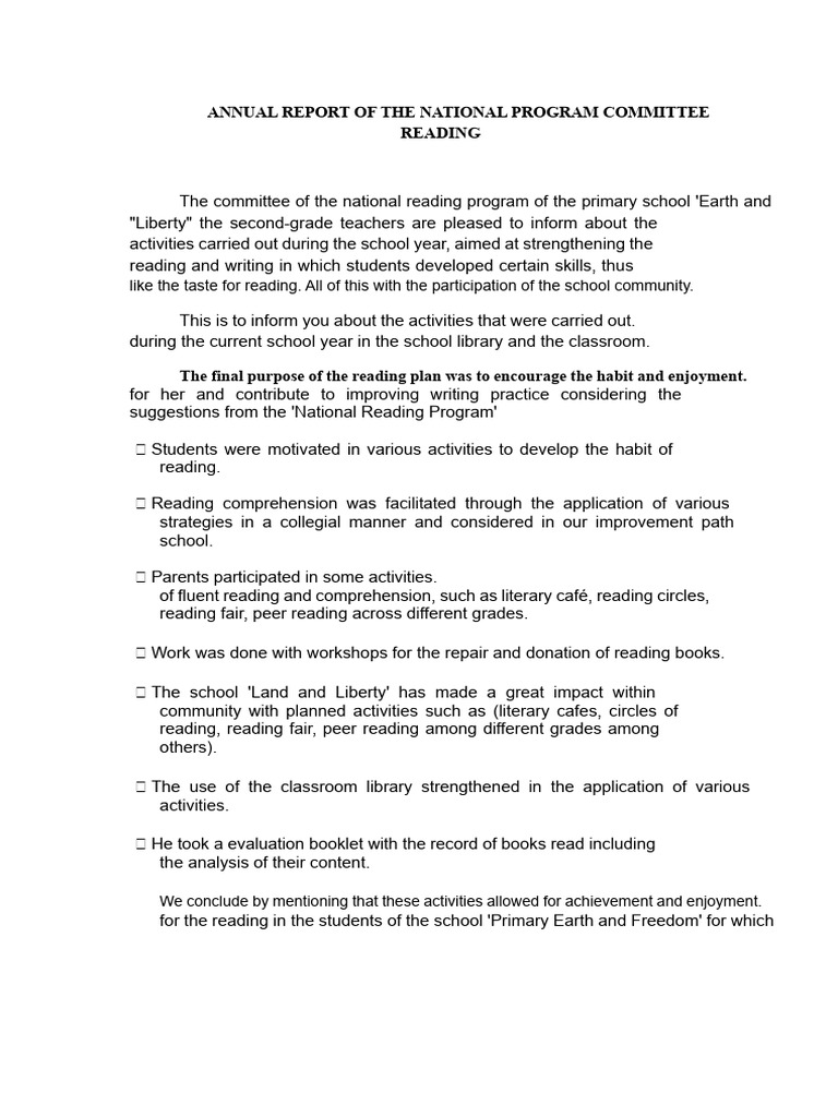 Annual Report of The National Reading Program Committee | PDF