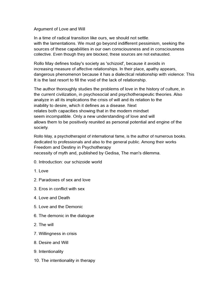 Argument of Love and Will For Rollo May | PDF | Love | Feeling