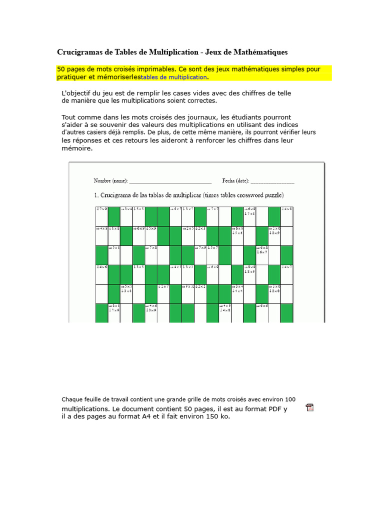 Jeux de Mathématiques : Tables de Multiplication | PDF | Apprentissage ...