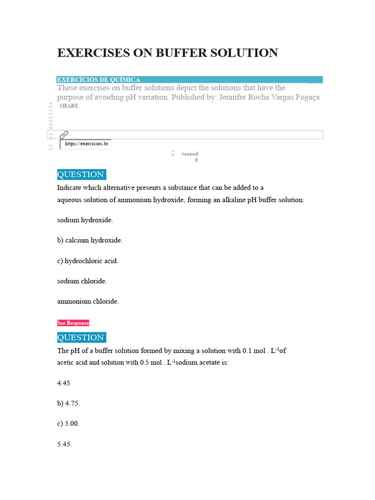 Buffer Solution Exercises and pH Calculations | PDF | Buffer Solution ...