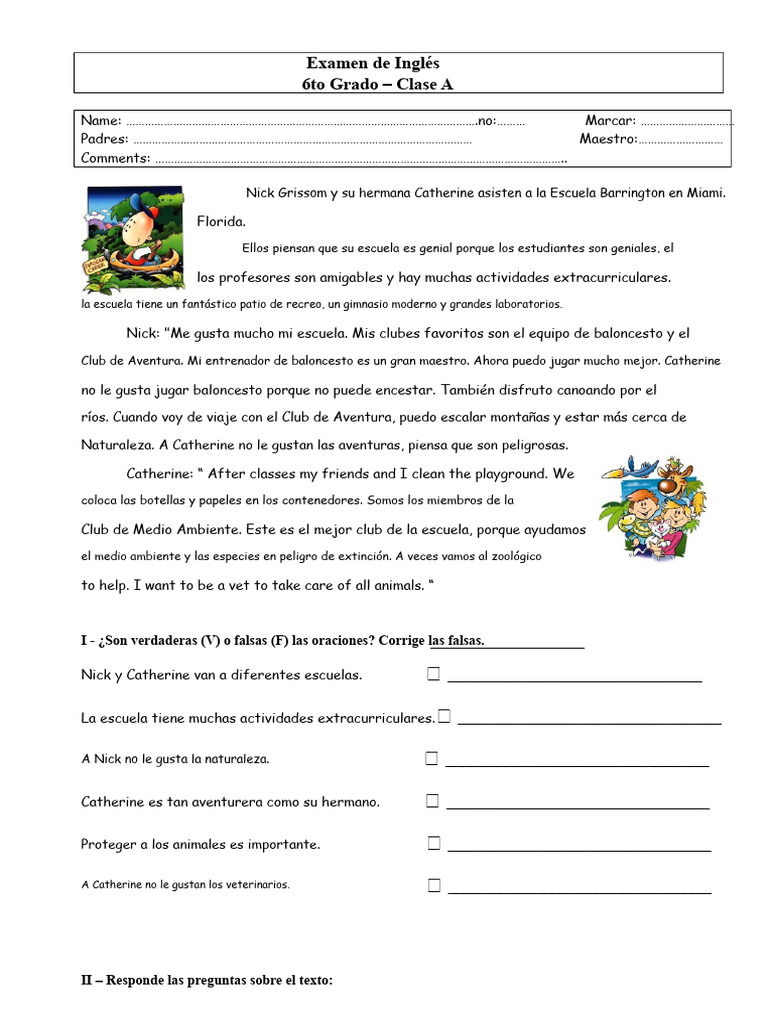 Prueba de Inglés - 6to Grado | PDF