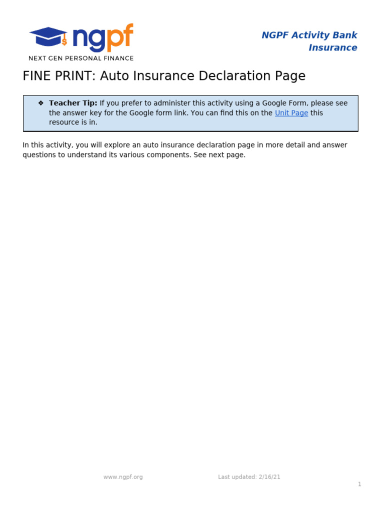 Auto Insurance Declaration Page Activity | PDF | Insurance | Vehicle ...