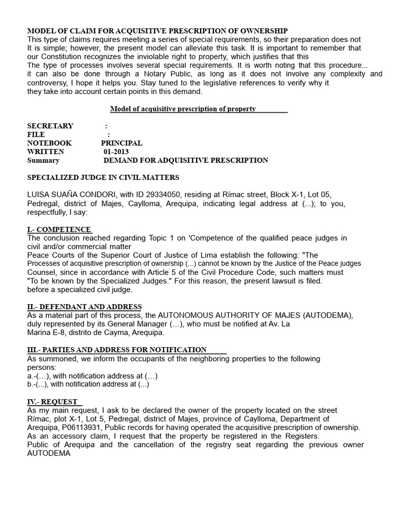 Model of Claim For Acquisitive Prescription of Ownership | PDF ...