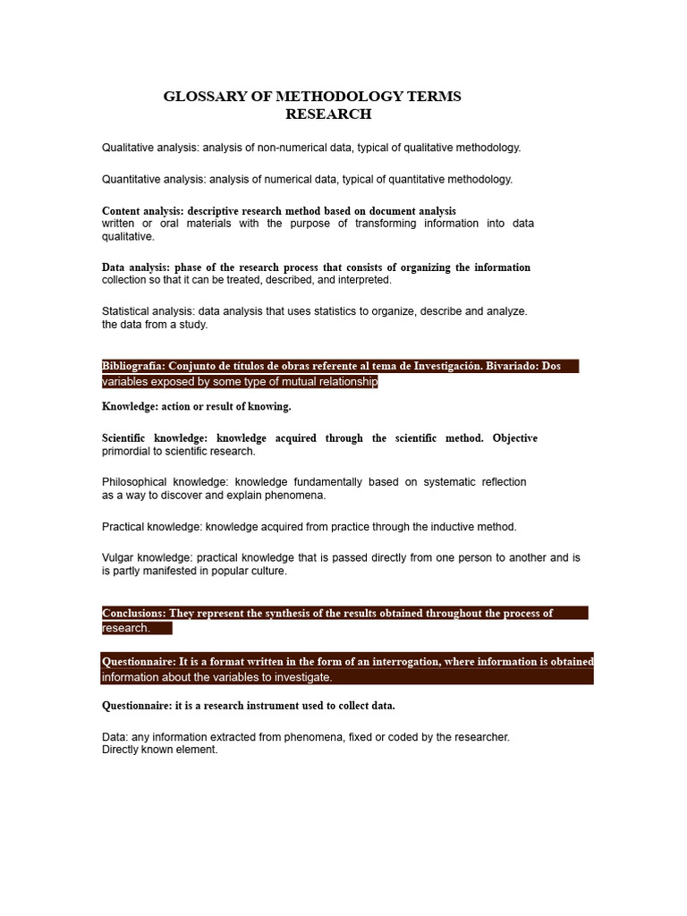 Research Methodology Terms Glossary | PDF | Methodology | Quantitative ...