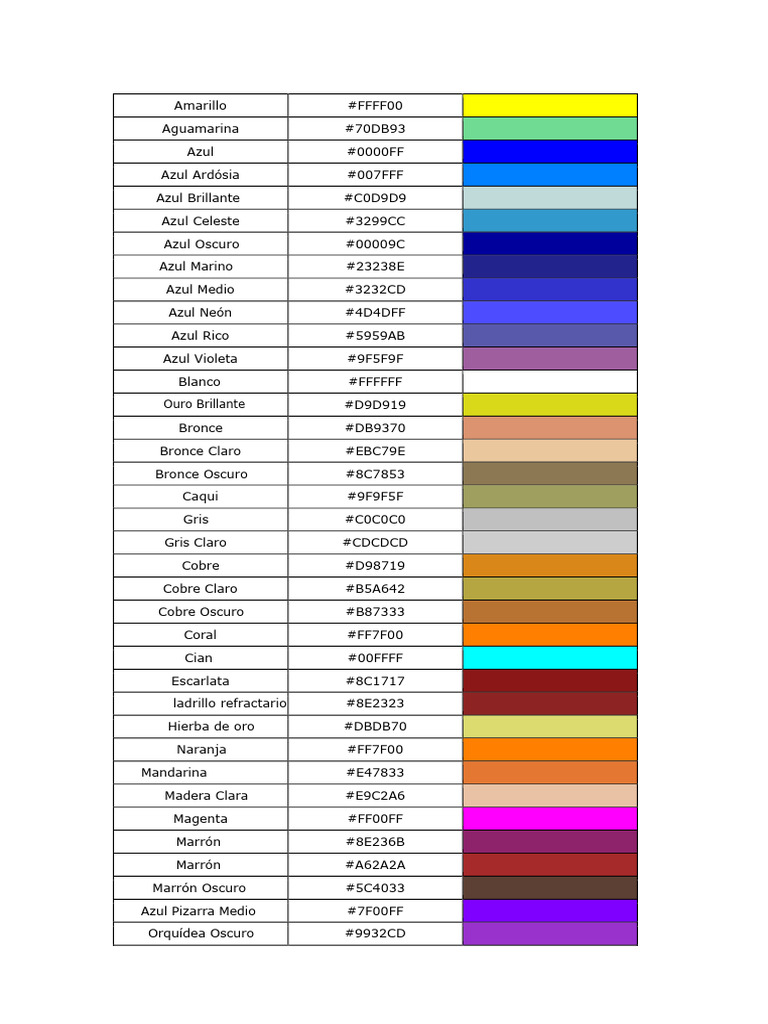 Lista de Colores y Códigos Hexadecimales | PDF | Azul | Color