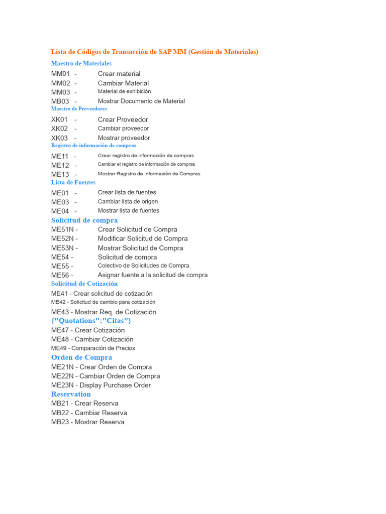 Códigos de Transacción SAP MM | PDF