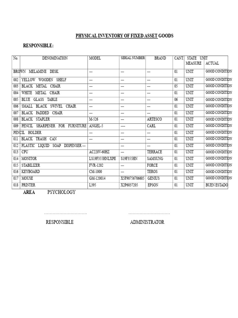 Physical Inventory Model of Fixed Asset Goods | PDF | Office Equipment