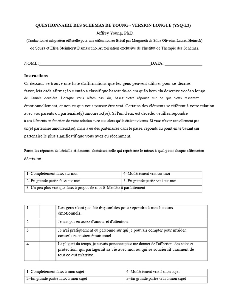 Questionnaire YSQ-L3 : Évaluation des Schémas | PDF | Amour | Émotions