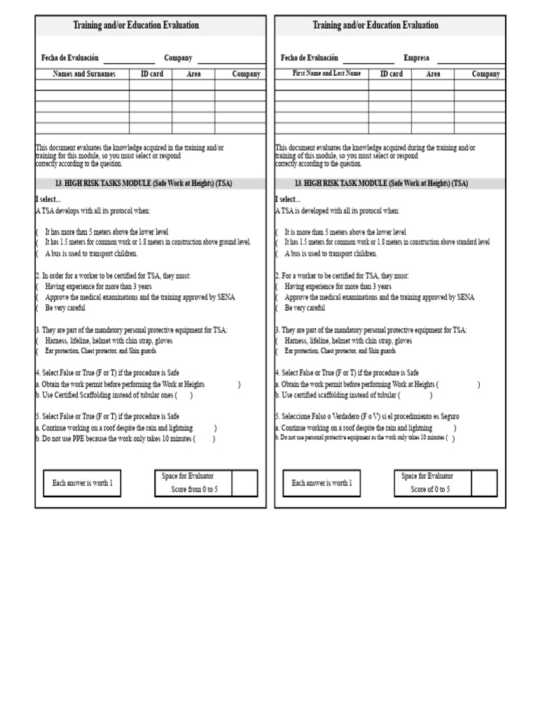 Training Evaluation for Safe Work at Heights | PDF | Personal ...