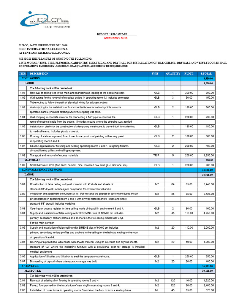 Quotation for Civil and Electrical Works | PDF | Drywall | Flooring