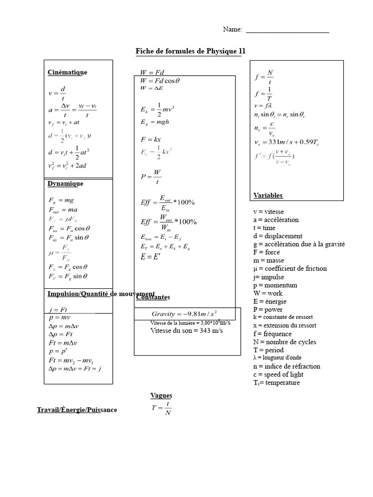 Formules de Physique 11 : Cinématique et Dynamique | PDF