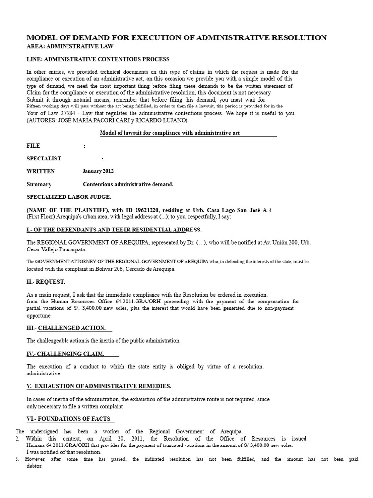 Model Demand for Administrative Act Compliance | PDF | Lawsuit | Common Law