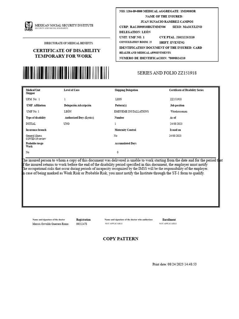 Juan Ignacio Ramirez Campos Disability Certificate | PDF