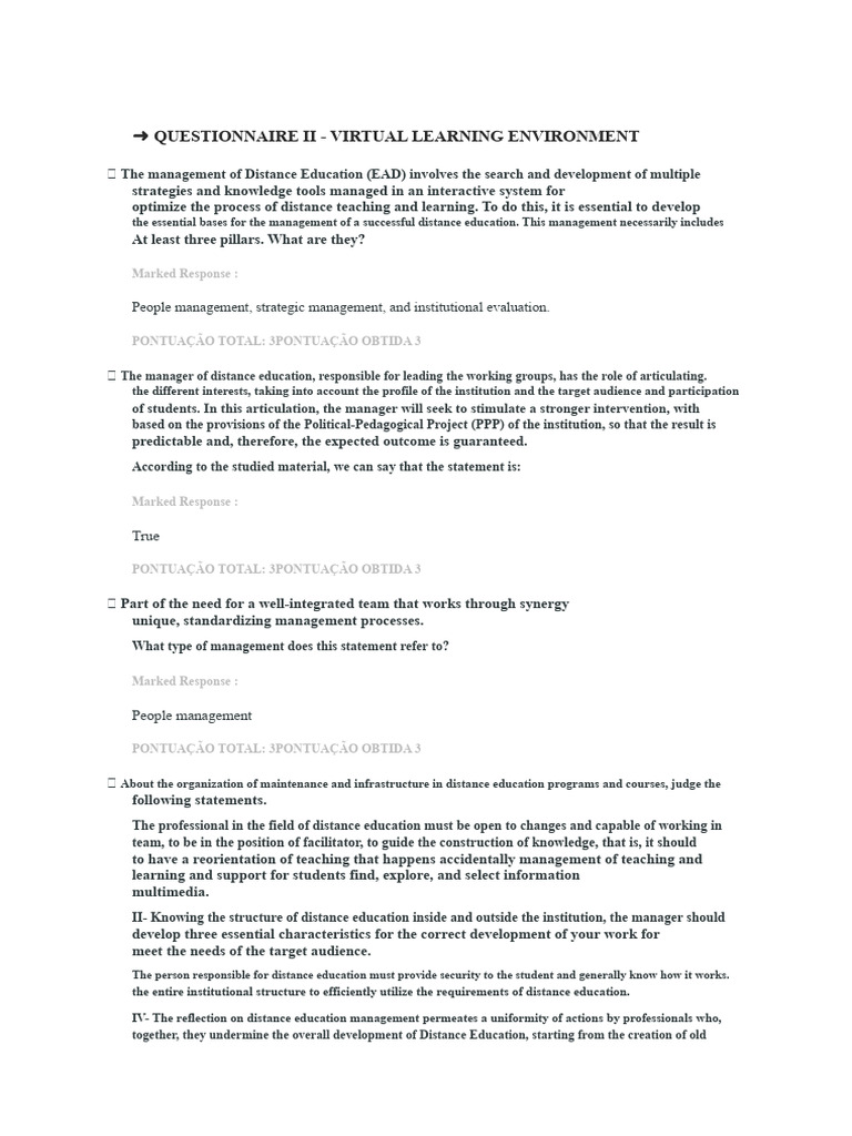 Questionnaire Ii - Virtual Learning Environment | PDF | Distance ...