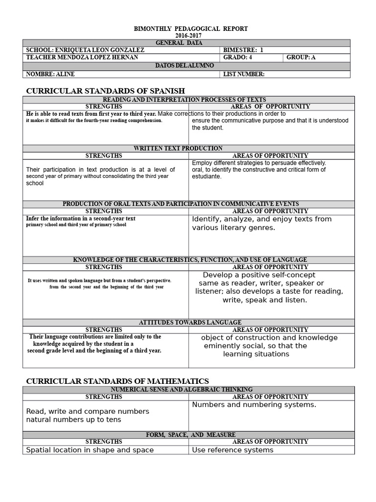 4th Grade Bimonthly Pedagogical Report | PDF | Reading Comprehension ...