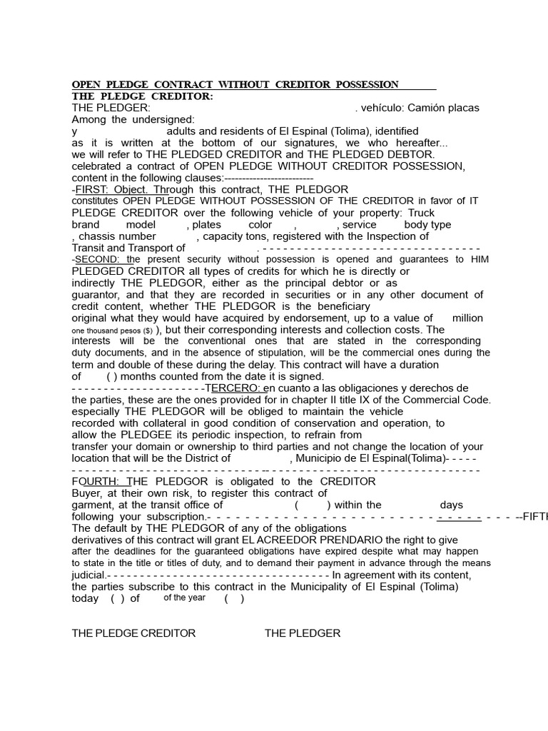 Open Pledge Contract for Vehicle Security | PDF | Creditor | Debt