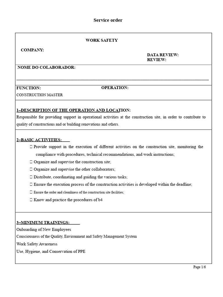 Work Order For The Master Builder | PDF | Personal Protective Equipment ...