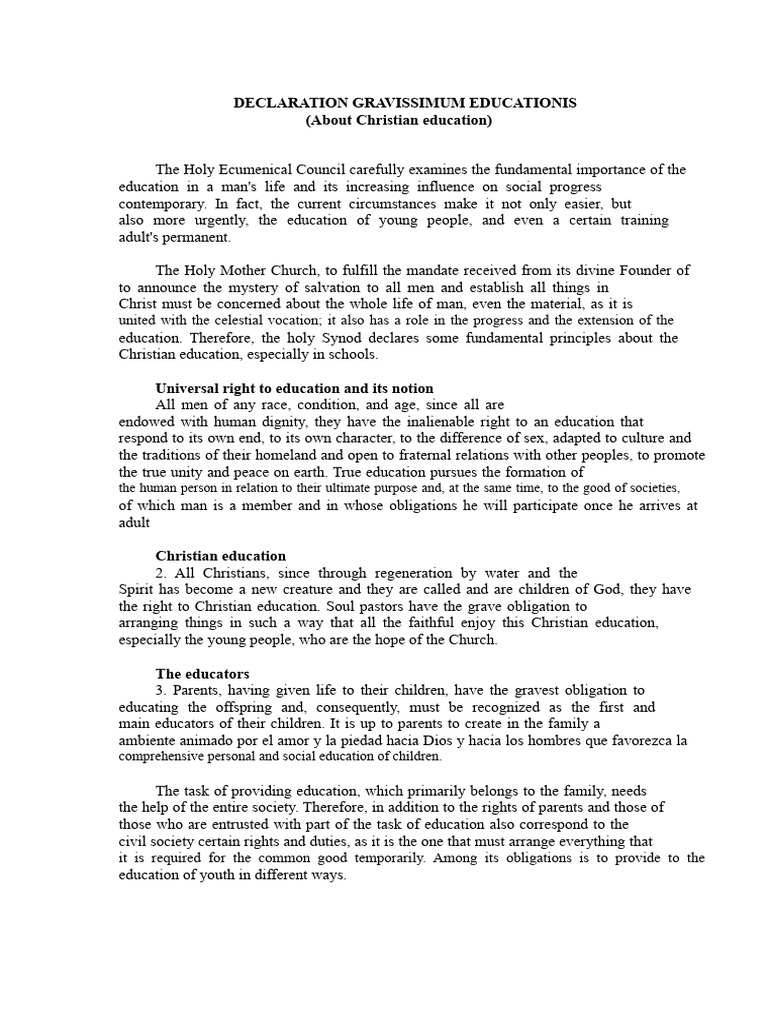 Gravissimum Educationis - Summary | PDF | Catholic Church