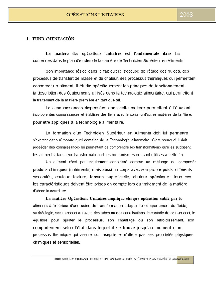 Proposition Pour Les Opérations Unitaires | PDF | Chaleur | Fluide