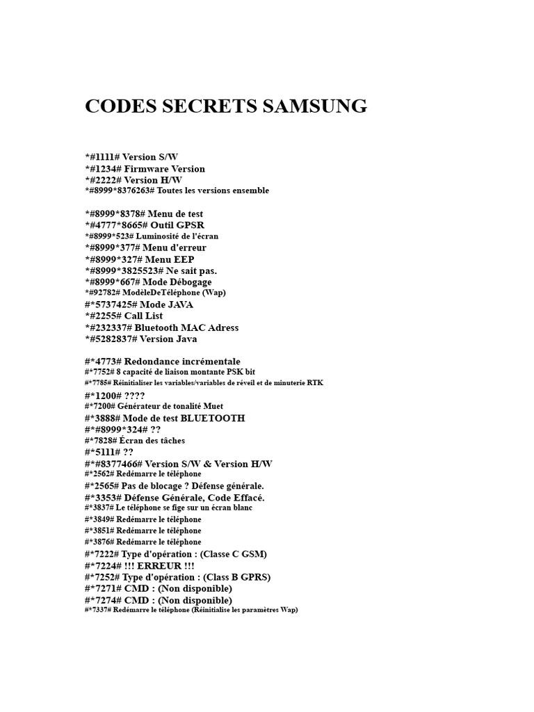 Codes Secrets Samsung : Liste Complète | PDF | Bluetooth | Électronique