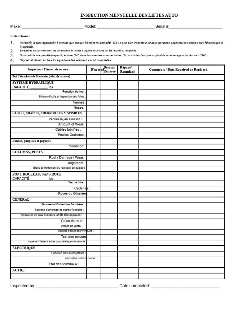Inspection Mensuelle des Lift Auto | PDF | Véhicules