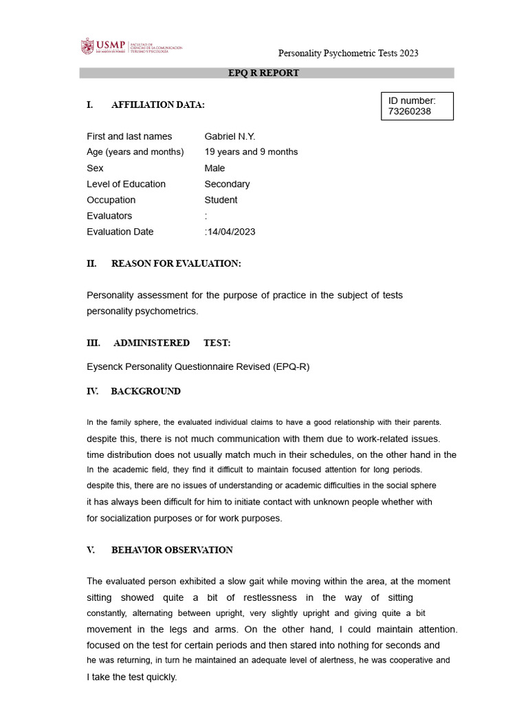EPQ R REPORT 2023 (1) (1) | PDF | Extraversion And Introversion | Empathy
