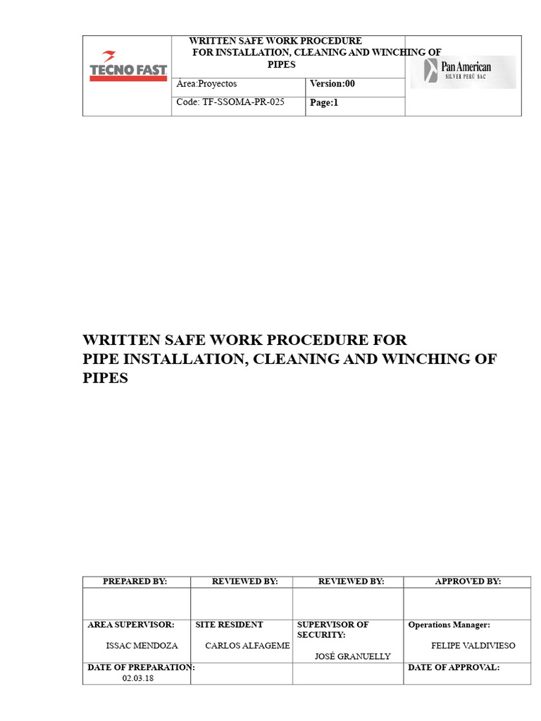 Safe Work Procedure for Pipe Installation | PDF | Pipe (Fluid ...
