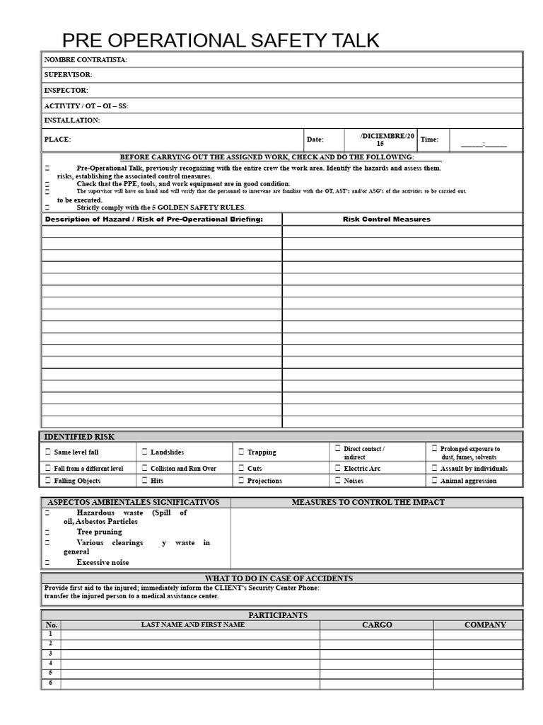 Pre-Operational Safety Talk Checklist | PDF | Personal Protective ...