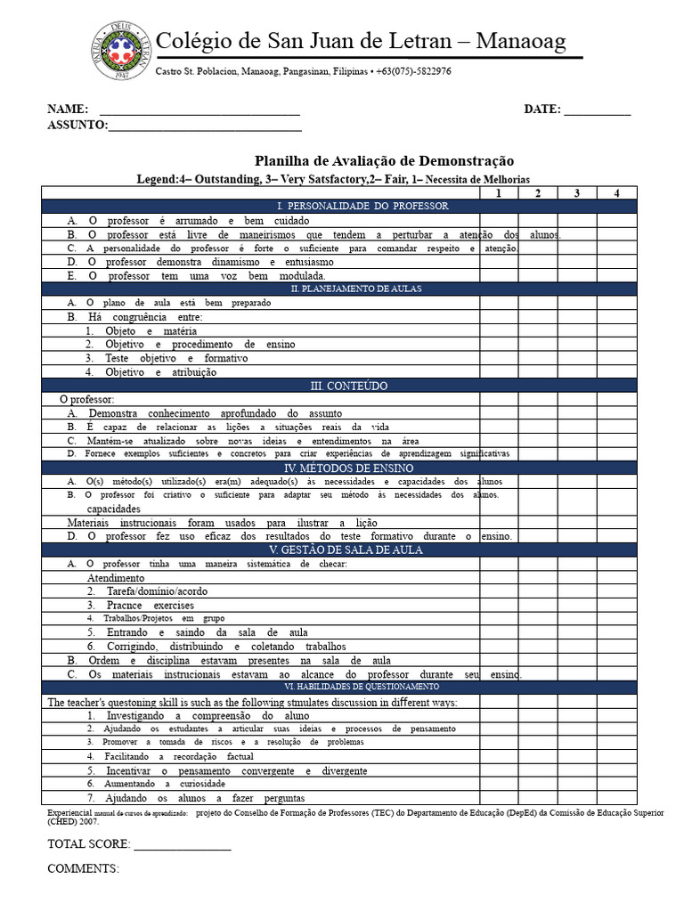Avaliação de Professores no Colégio Letran | PDF | Lição | Método de ensino
