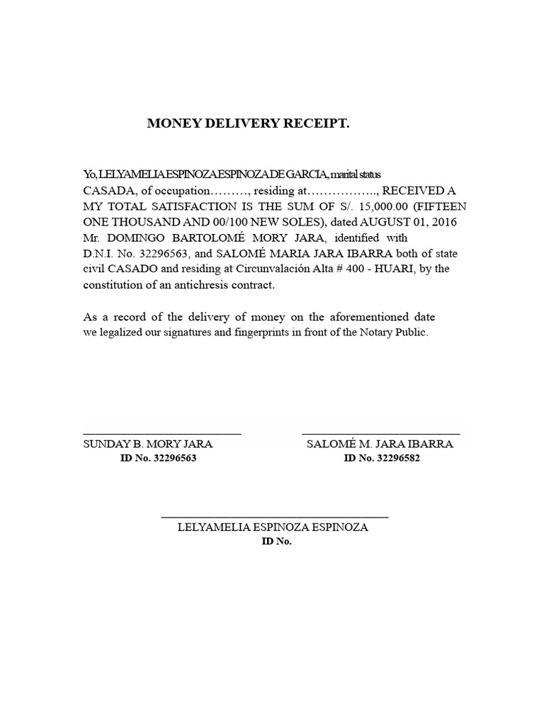 Money Delivery Receipt | PDF