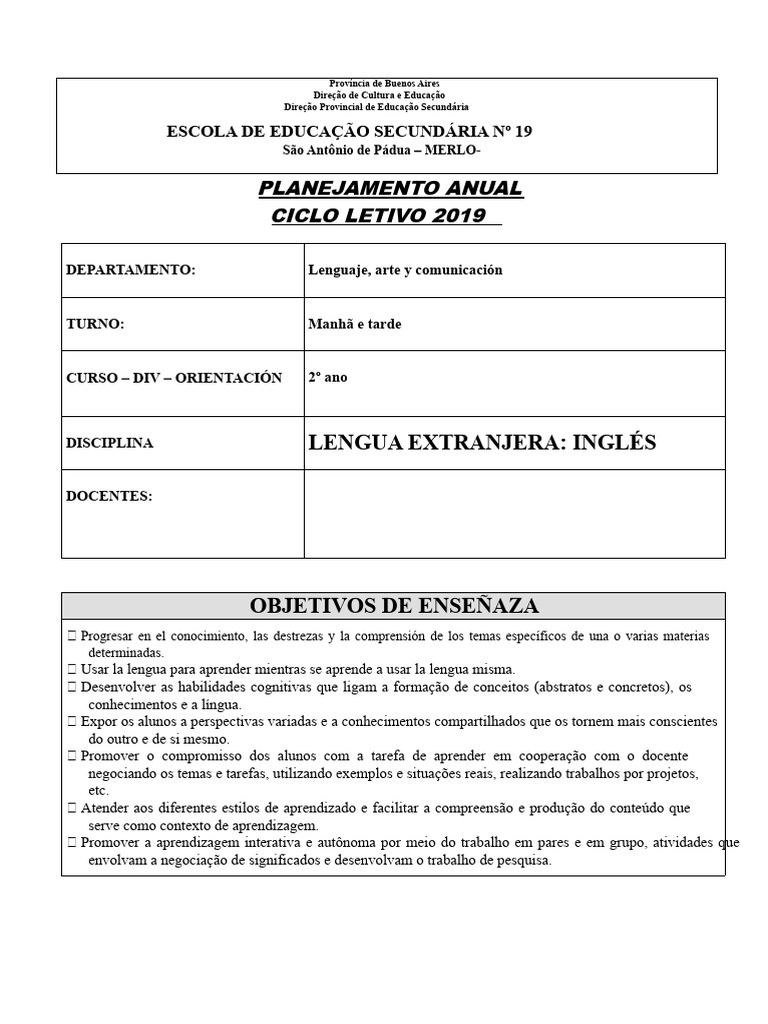 Planejamento Anual de Inglês 2019 | PDF | Aprendizado | Cognição