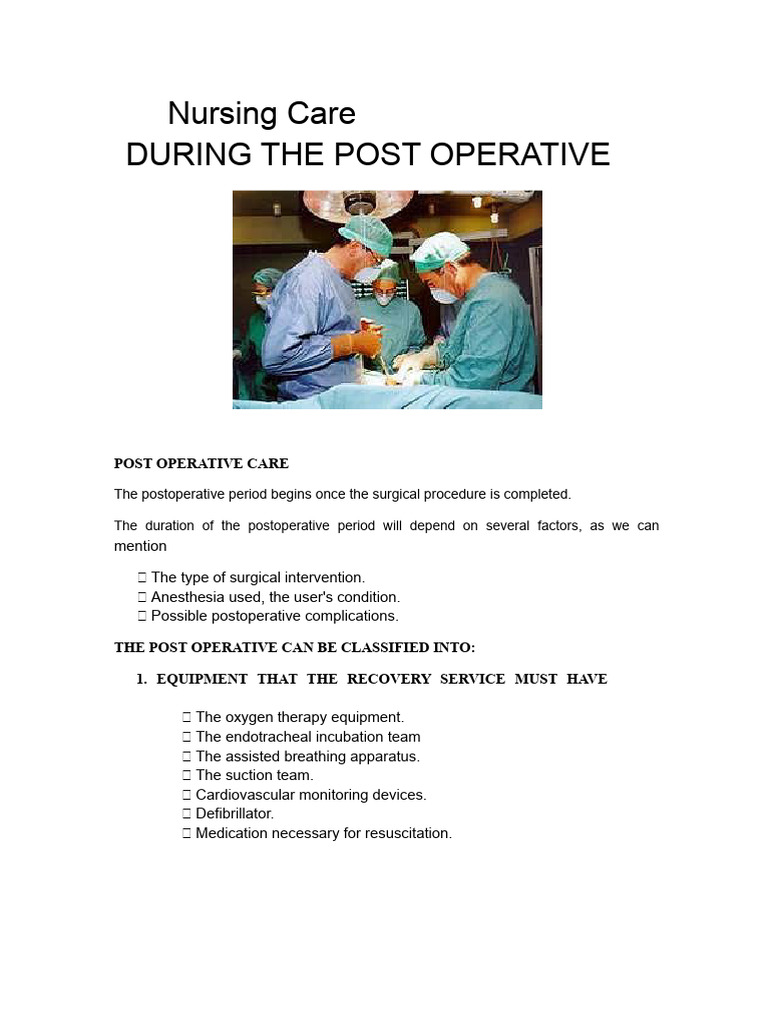 Nursing Care During The Post-Operative Period | PDF | Nausea | Surgery