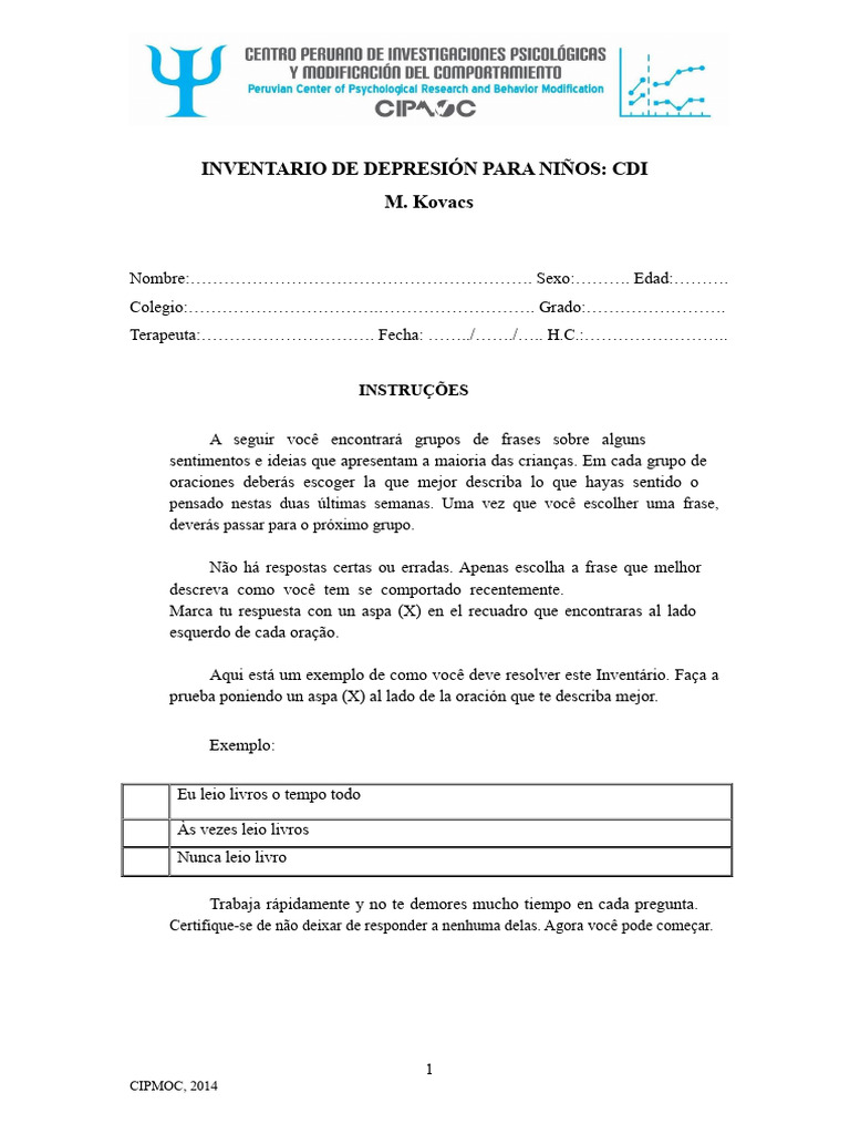 Inventário de Depressão Infantil CDI | PDF | Depressão | Ciências ...