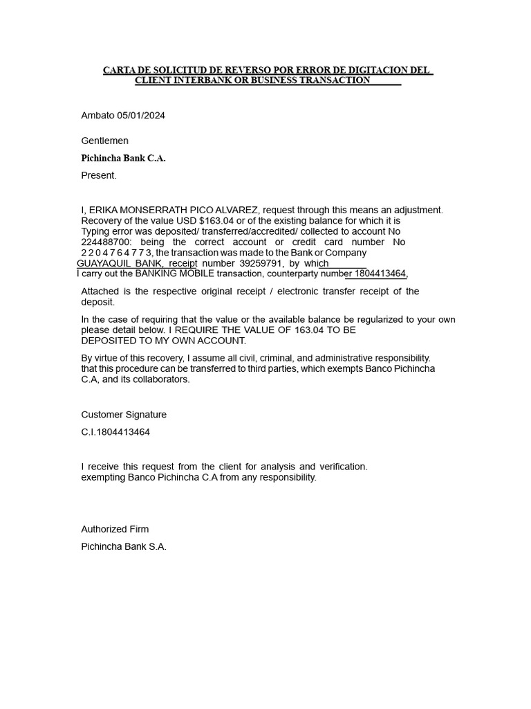 Letter of Request For Reversal Due To Client's Typographical Error ...