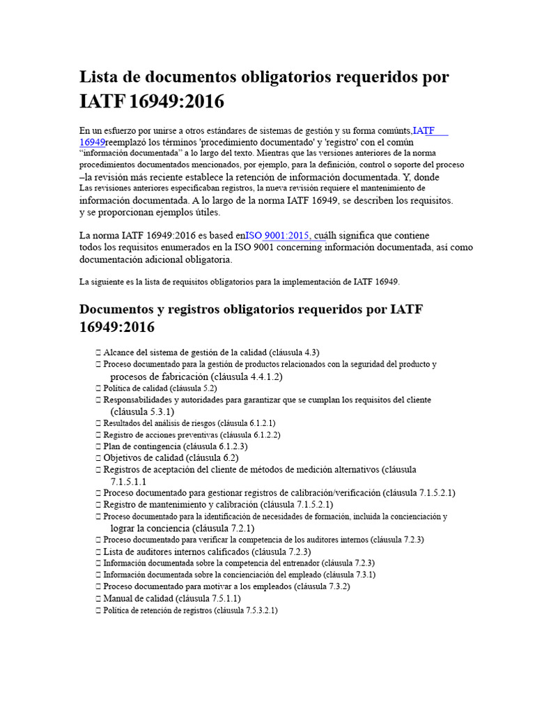 Lista de Documentos Obligatorios Requeridos Por IATF 16949-2016 | PDF ...