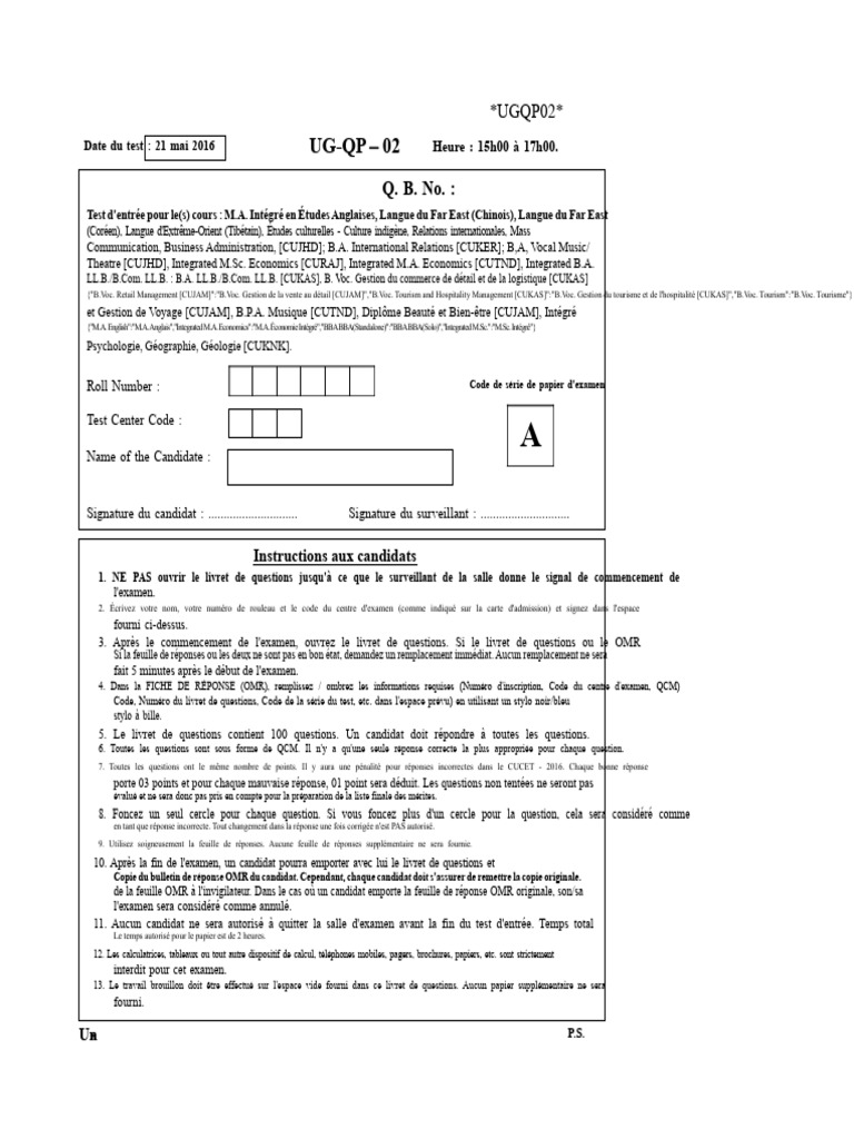 Test d'entrée UG-QP 02 - Instructions et Questions | PDF | Choix multiple