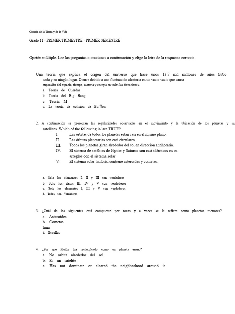 G11 - Ciencia de La Tierra y La Vida - EXAMEN SUMATIVO Con RESPUESTAS ...