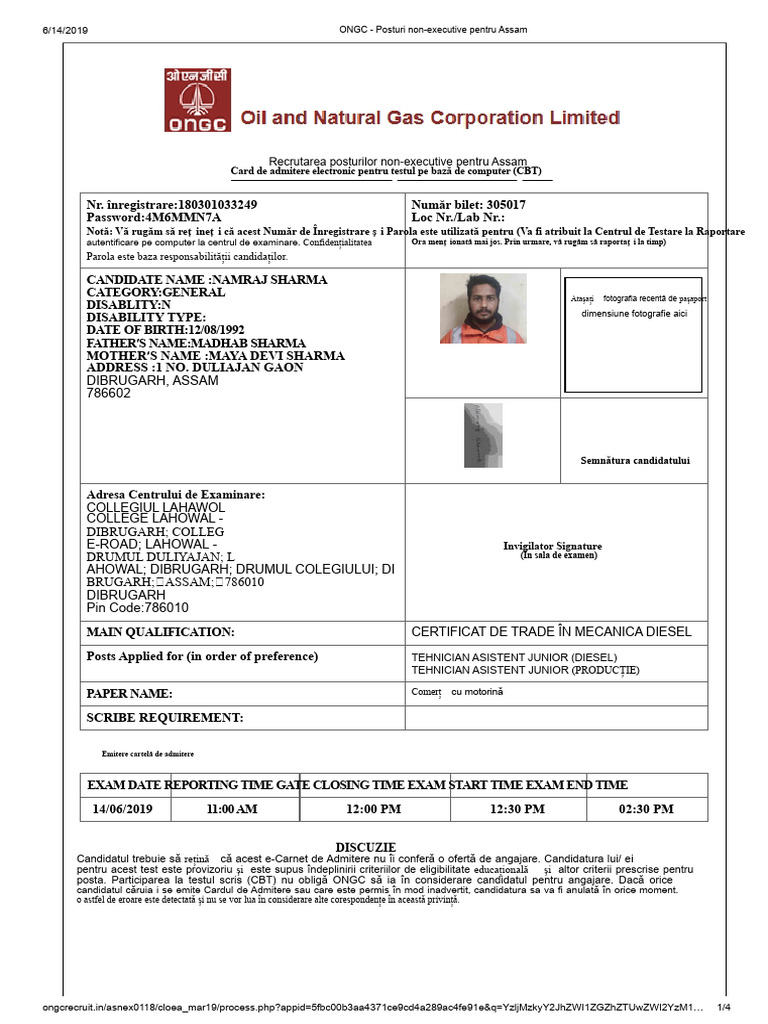 Card de Admitere Ongc | PDF
