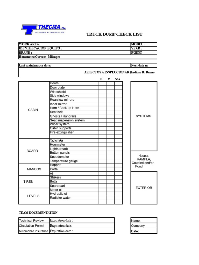 Truck Dump Inspection Checklist | PDF | Truck | Rear Wheel Drive Vehicles