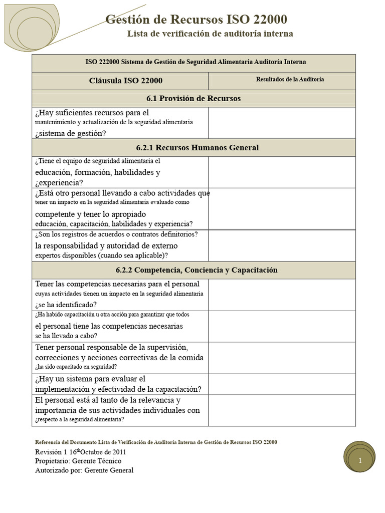 Análisis de Brechas ISO 22000 Sección 6 | PDF