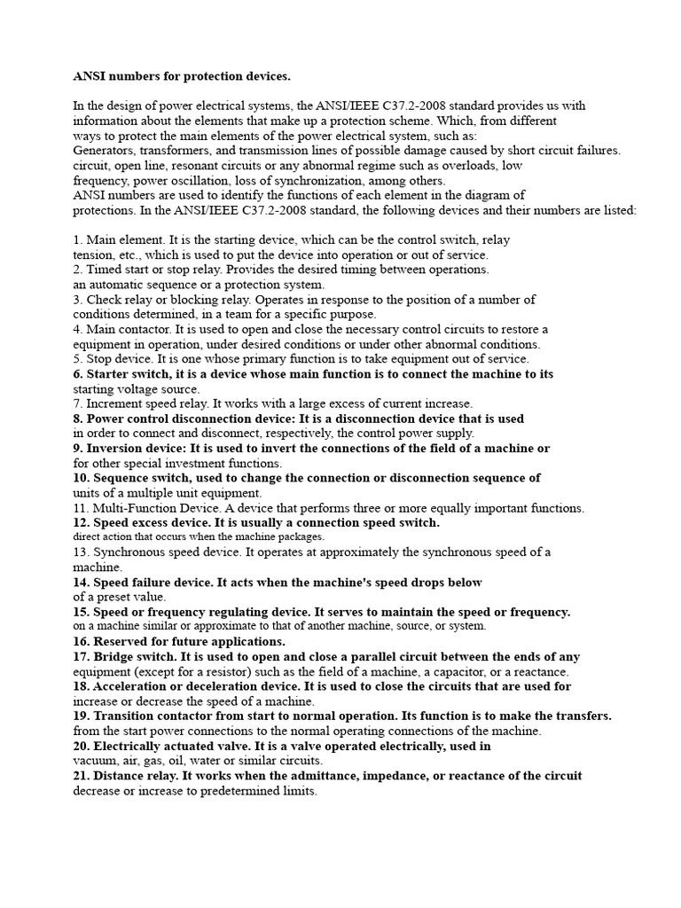 ANSI Numbers for Protection Devices | PDF | Relay | Switch