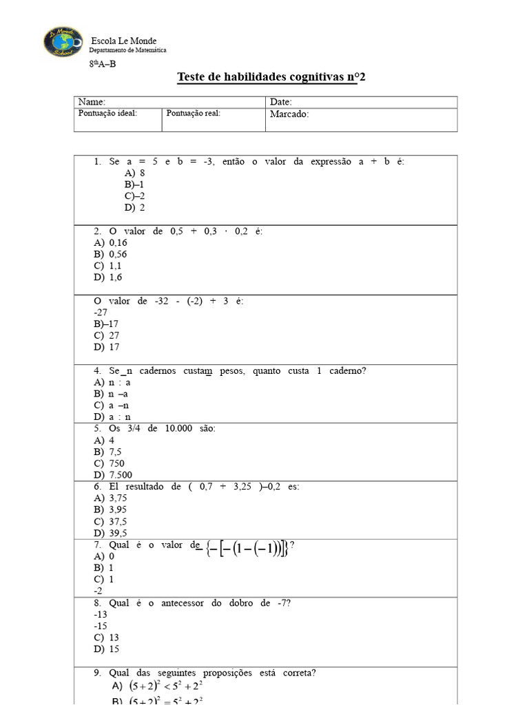 Teste de Matemática 8º Ano - Escola Le Monde | PDF | Matemática